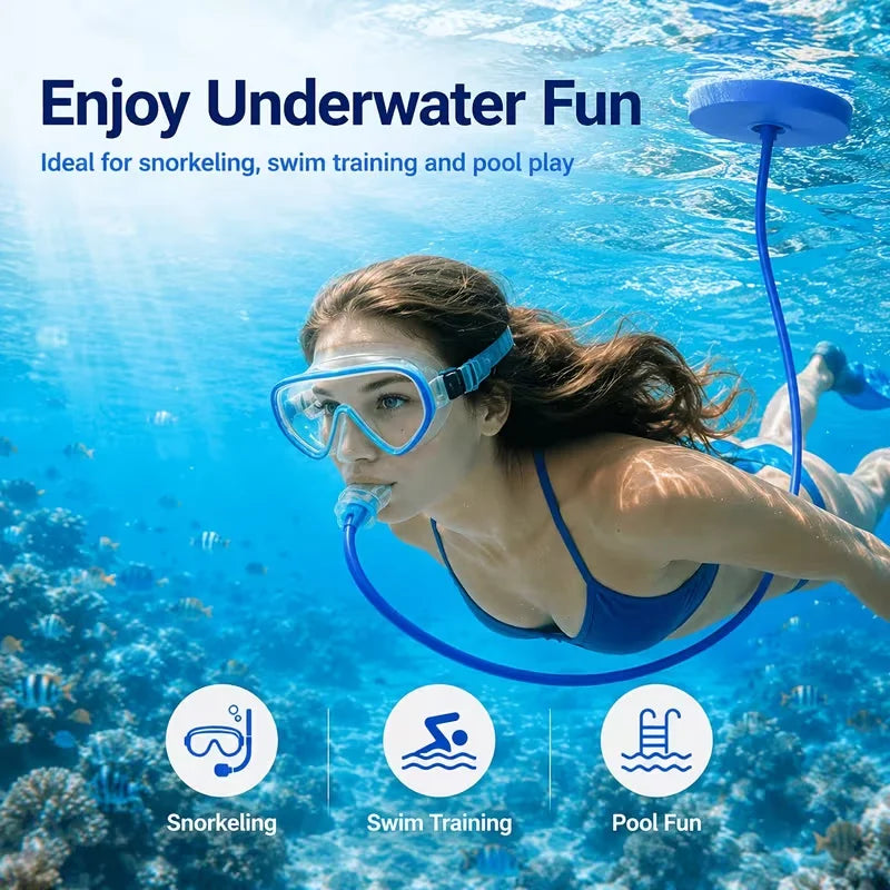 A woman wearing a snorkel mask is swimming underwater, demonstrating snorkeling, swim training, and pool fun.