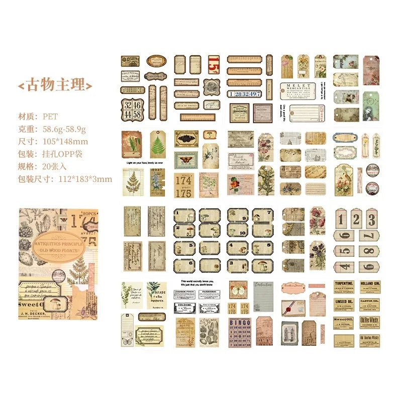 A collection of vintage PET sticker sheets for journaling and scrapbooking, including various sizes and designs.