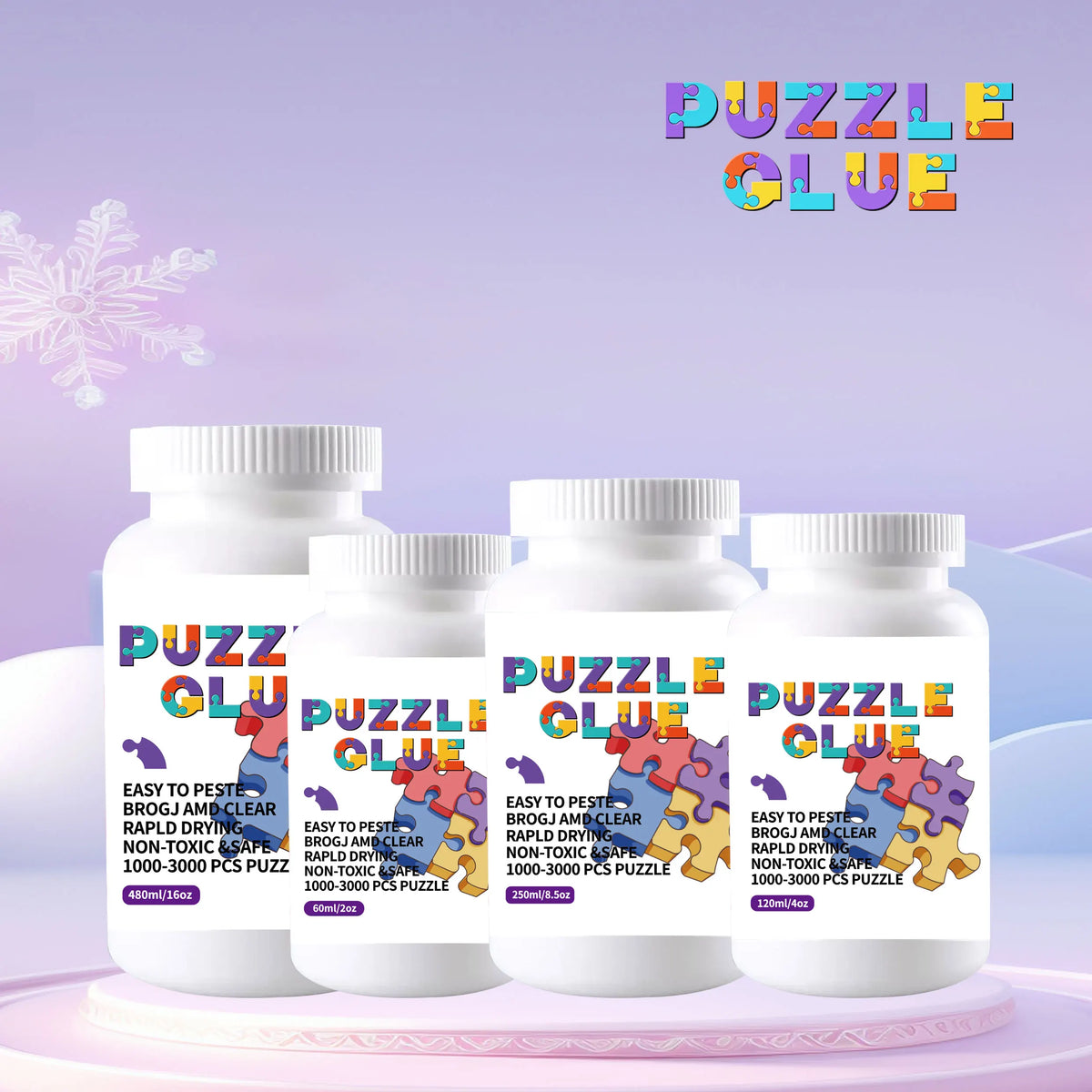White glass bottles of puzzle glue with purple and orange labels displayed on a pink surface.