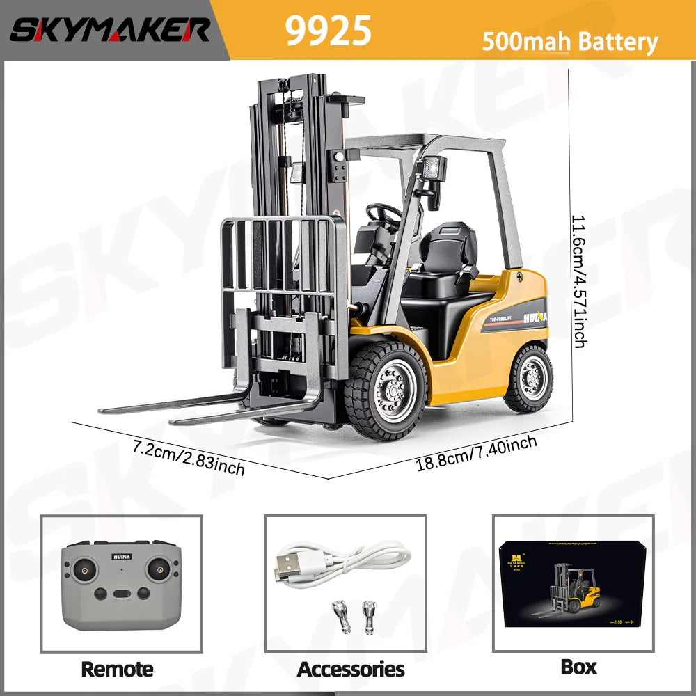 A yellow Alloy RC forklift truck with LED lights and sound, shown next to its remote control and accessories.