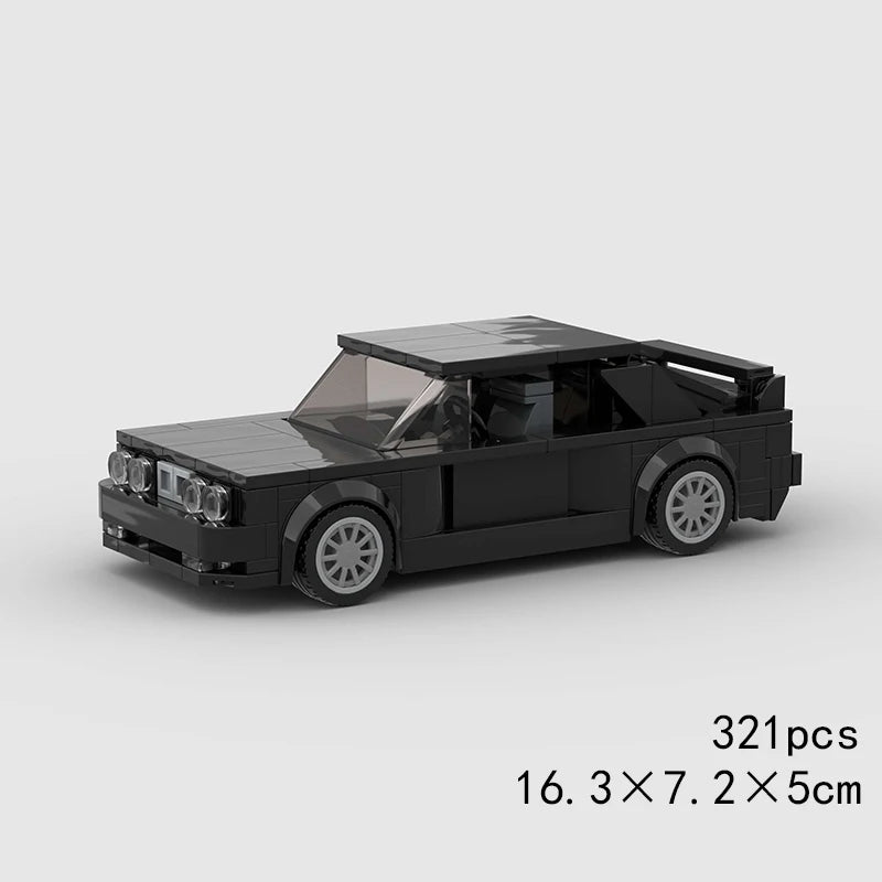 A black classic rally car building block set with clear windows and detailed exterior features.