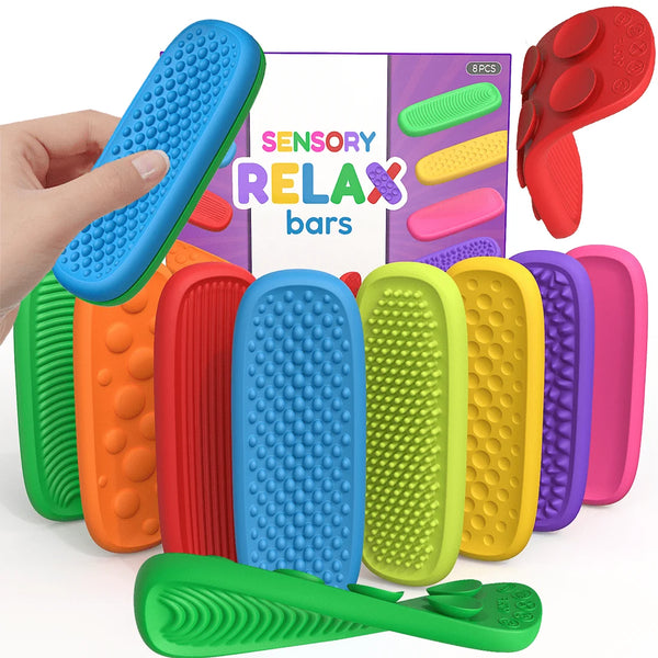 A collection of colorful silicone sensory relax bars and fidget strips shown in various shades like green, orange, red, blue,