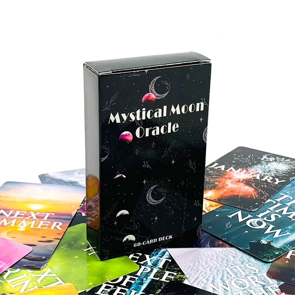A black box containing a 60-card deck of Mystical Moon Oracle divination cards.