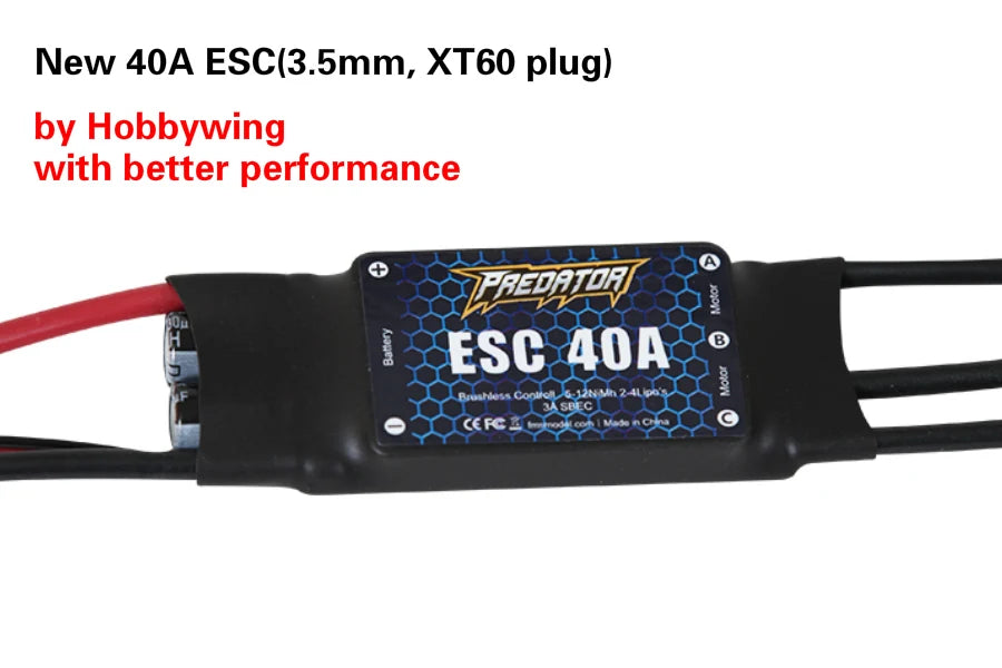 A black ESC 40A with a 3.5mm XT60 plug is shown for an RC airplane replacement parts kit.