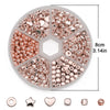 A circular display of gold and silver plated beads for jewelry making, showing various shapes like hearts, stars, and round b