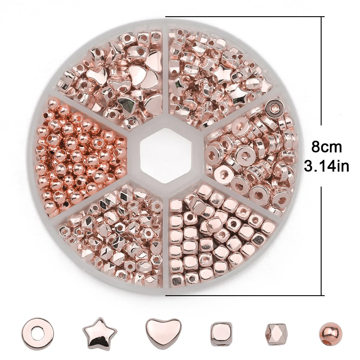 A circular display of gold and silver plated beads for jewelry making, showing various shapes like hearts, stars, and round b