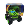 A green monster truck toy named Blaze is shown in its box, featuring large tires and a stylized design.