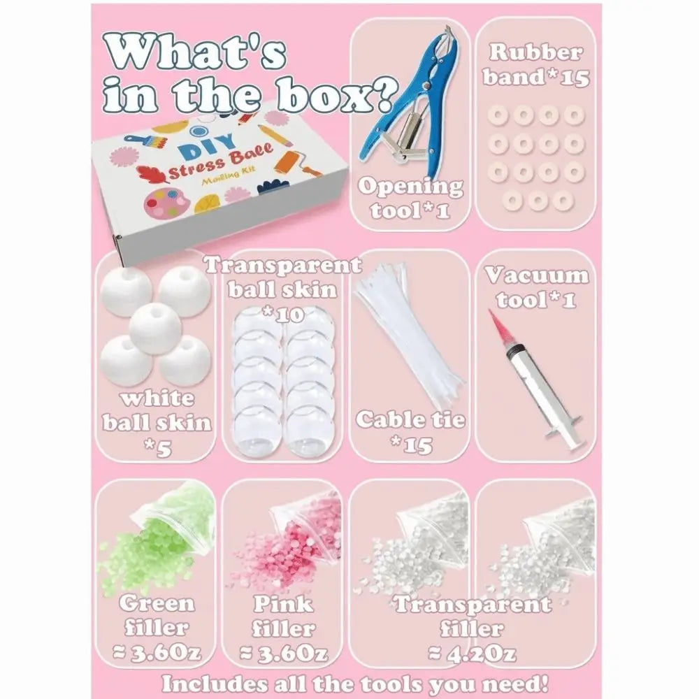 A box containing a DIY stress ball kit with various tools and fillers including silicone balls, rubber bands, and colored fil