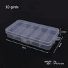 A clear plastic storage box with 10 individual compartments for organizing jewelry and craft supplies.