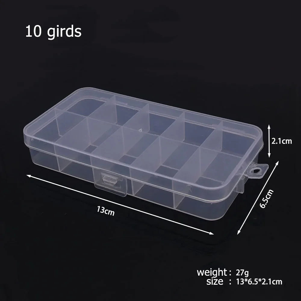 A clear plastic storage box with 10 individual compartments for organizing jewelry and craft supplies.