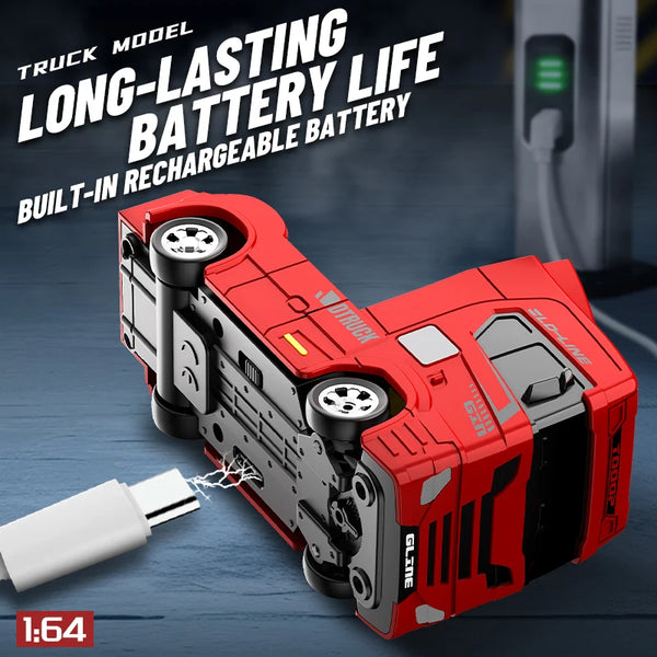 Rød 1:64 RC driftlastbil med indbygget genopladeligt batteri og Type-C-opladningsport.