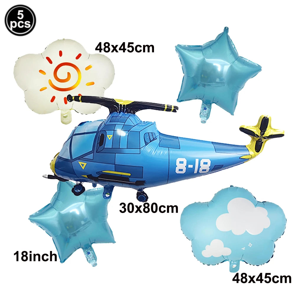 Set of five foil balloons shaped like a helicopter and a star, used for birthday party decor.