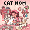 A cute illustration of a girl with a cat and kittens, surrounded by coloring book elements like pots and flowers.