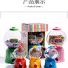 A collection of colorful kids candy dispensers and piggy banks featuring various candies and gumballs.