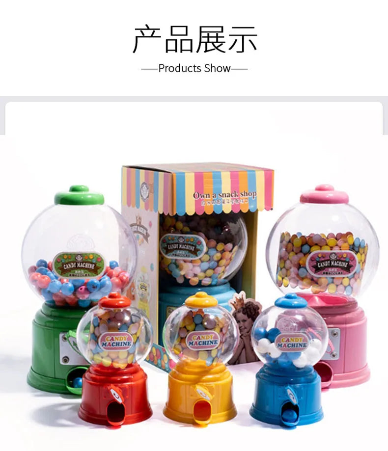 A collection of colorful kids candy dispensers and piggy banks featuring various candies and gumballs.