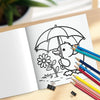 A black line drawing of a cute duck holding an umbrella and flowers, ready for coloring in a book page.