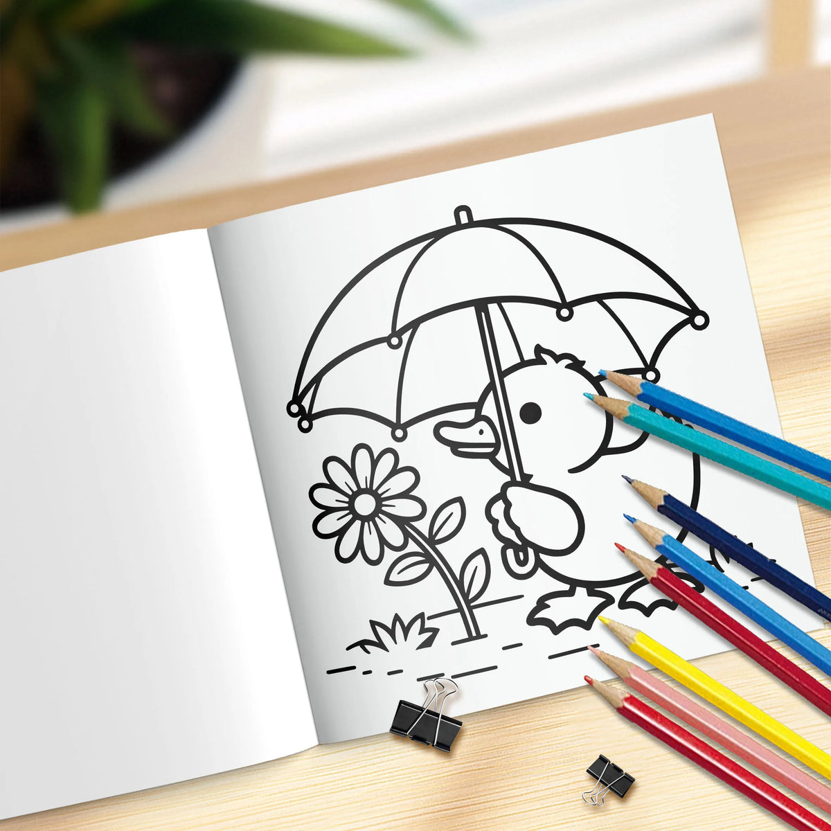 A black line drawing of a cute duck holding an umbrella and flowers, ready for coloring in a book page.