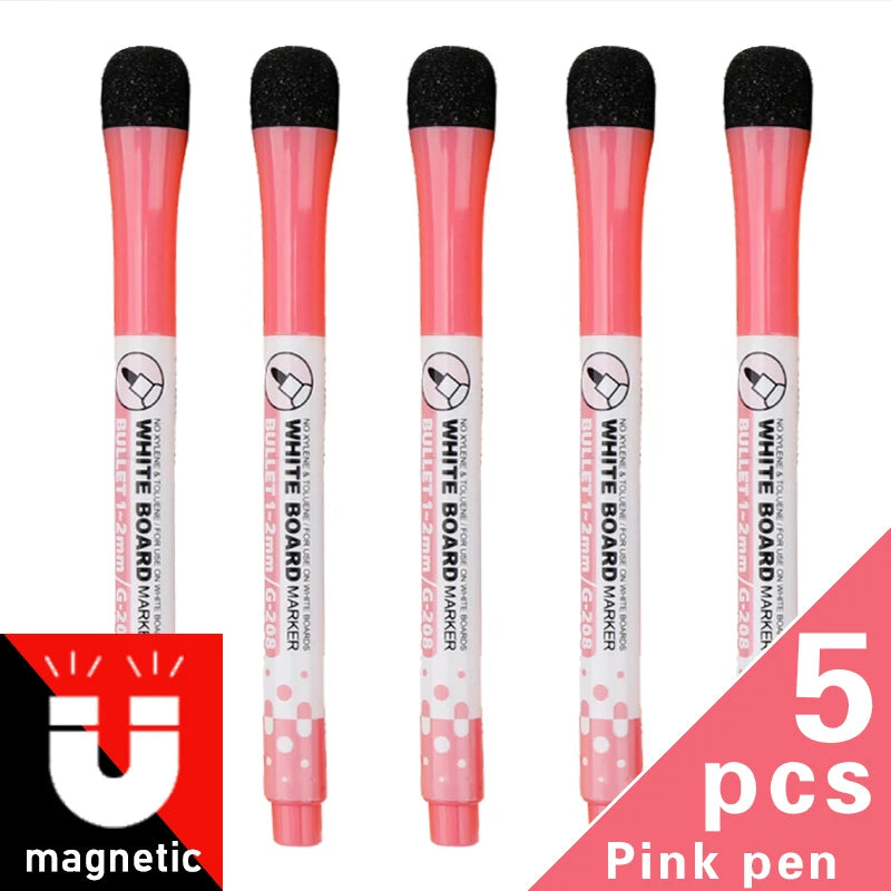 Five pink magnetic dry-erase whiteboard markers in various tips and sizes