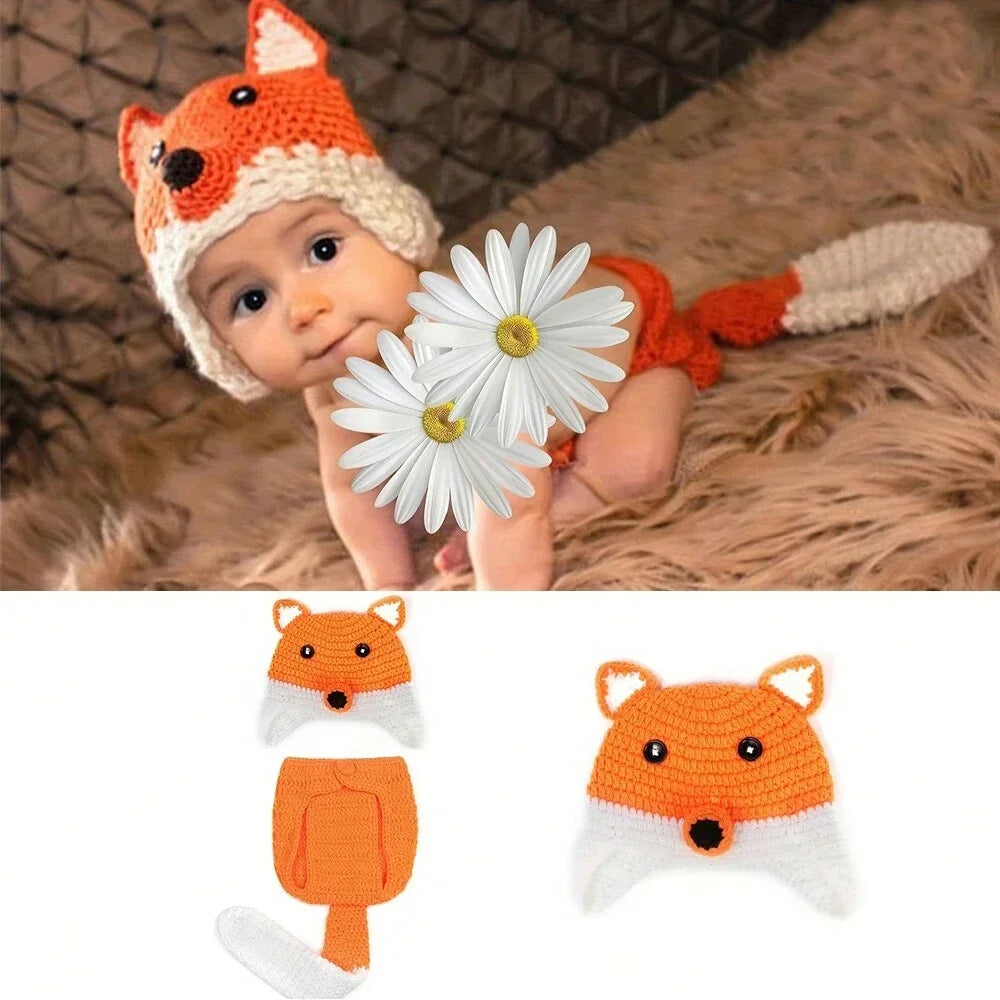 Handmade crochet fox costume for baby photography featuring an orange and white fox head and body.