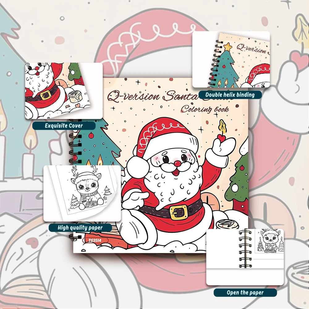 A colorful Christmas themed coloring book featuring Santa Claus and a Christmas tree.