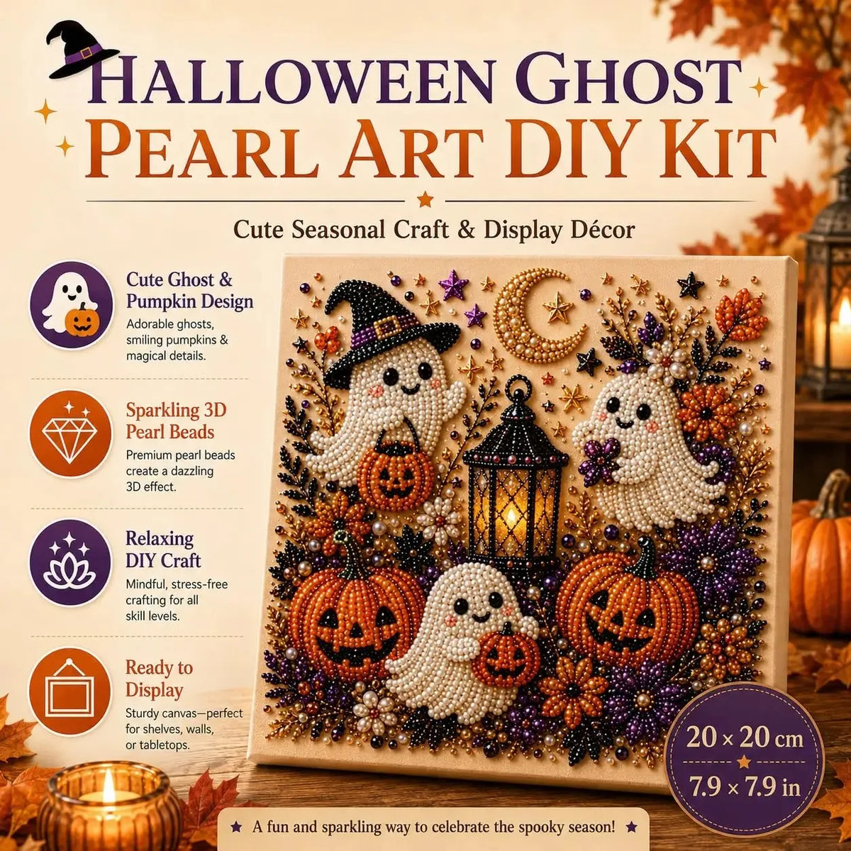 A DIY kit featuring a Halloween ghost and pumpkin design made with sparkling 3D pearl beads on a canvas.