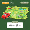 A green puzzle map showing a winding railroad track with various animal figures and a red car, accompanied by spare parts.