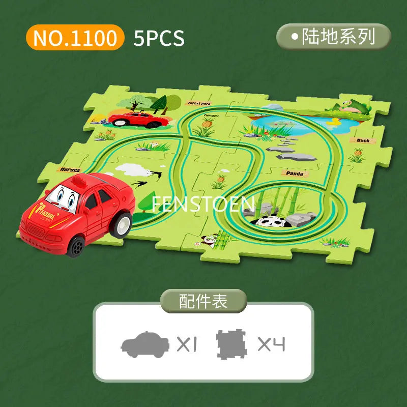 A green puzzle map showing a winding railroad track with various animal figures and a red car, accompanied by spare parts.