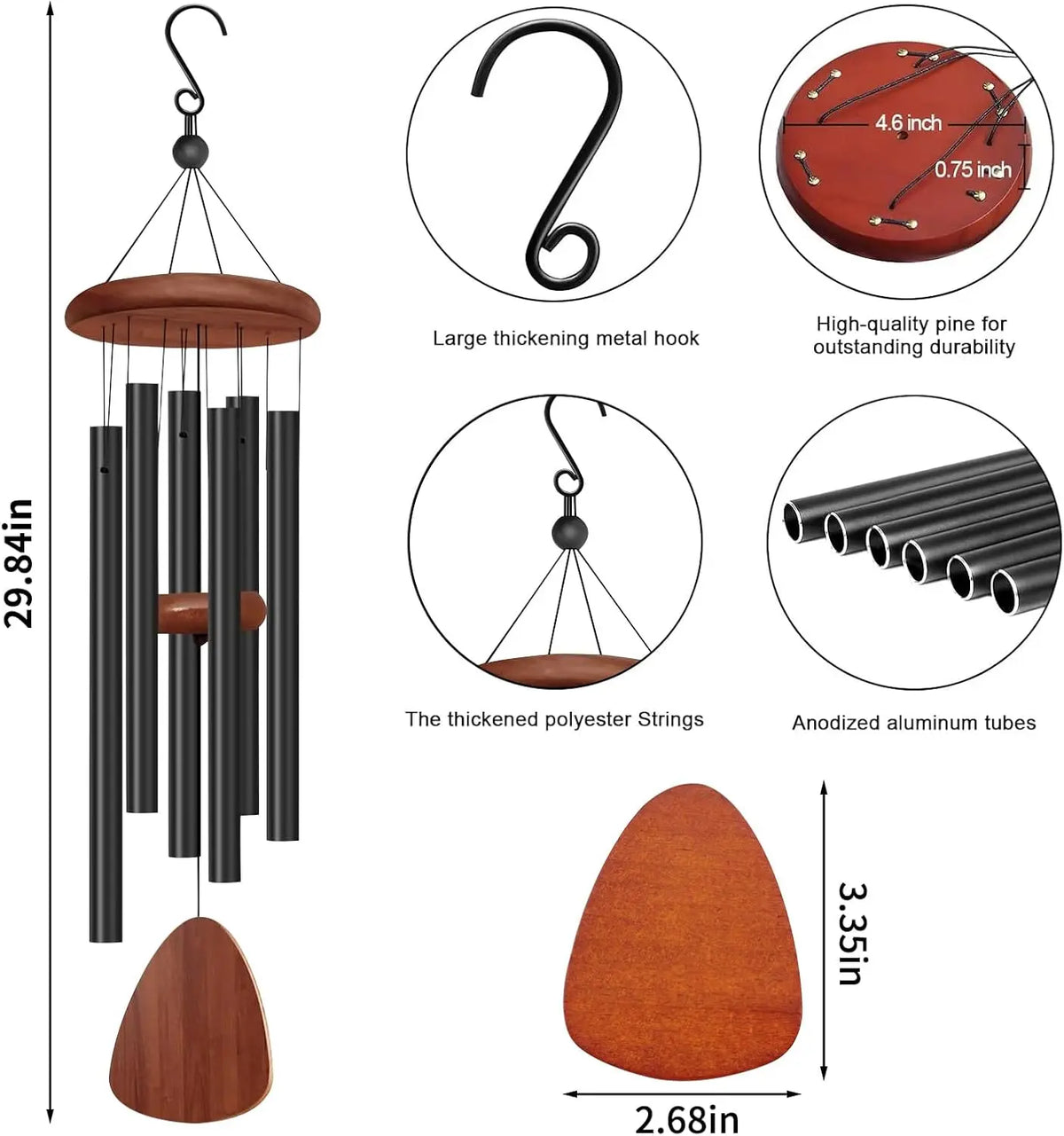 A set of wooden and metal wind chimes featuring a large hook, aluminum tubes, and wooden discs.