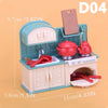 A miniature dollhouse kitchen set featuring a sink, stove, and various accessories in light blue and pink tones.