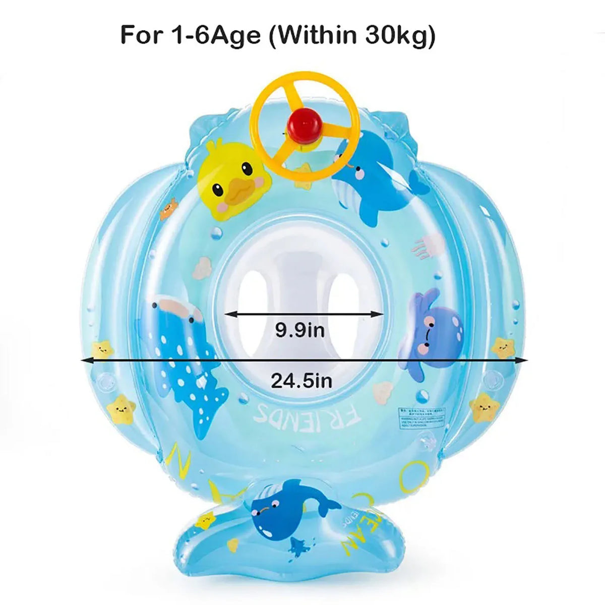 A clear blue inflatable baby swim ring with a yellow handle and a comfortable seat for infants.