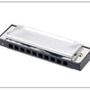 A 10-hole diatonic harmonica in C with stainless steel covers shown from the side.