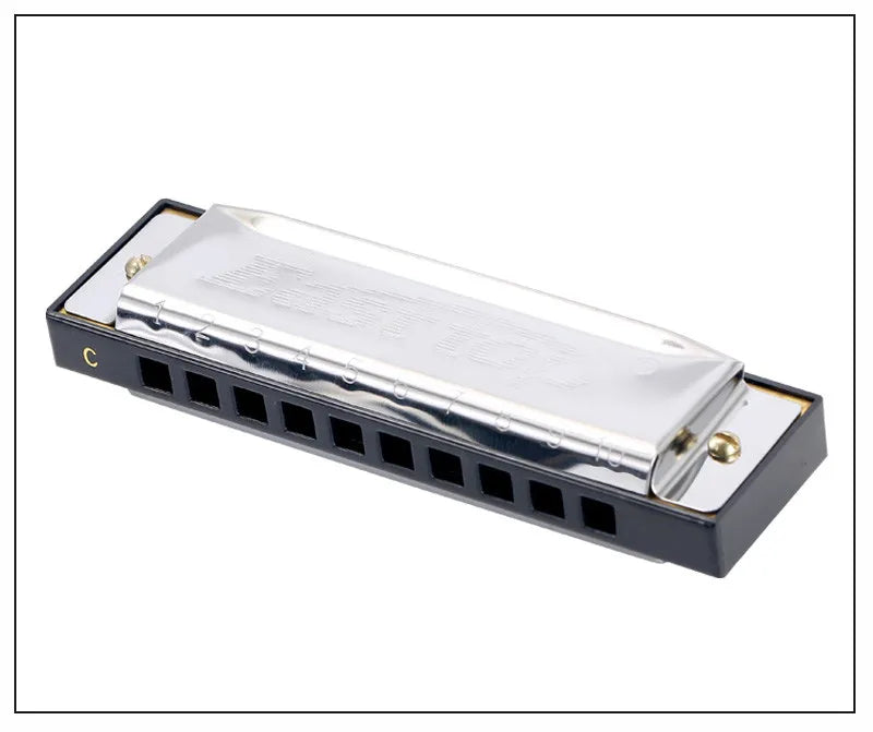 A 10-hole diatonic harmonica in C with stainless steel covers shown from the side.