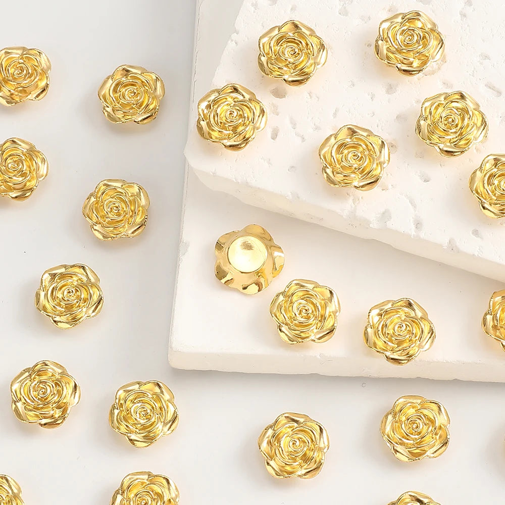 12mm Gold Rose Flower Resin Flat Back Beads for Jewelry Making (30-Pack)