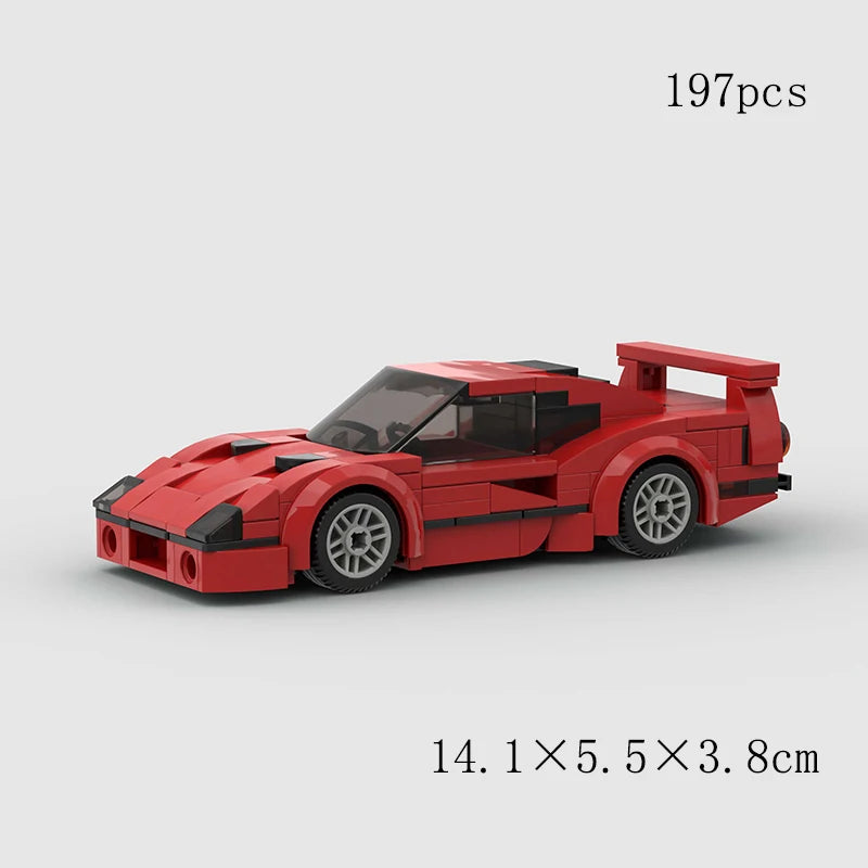 A red classic rally car building block model with black accents and wheels.