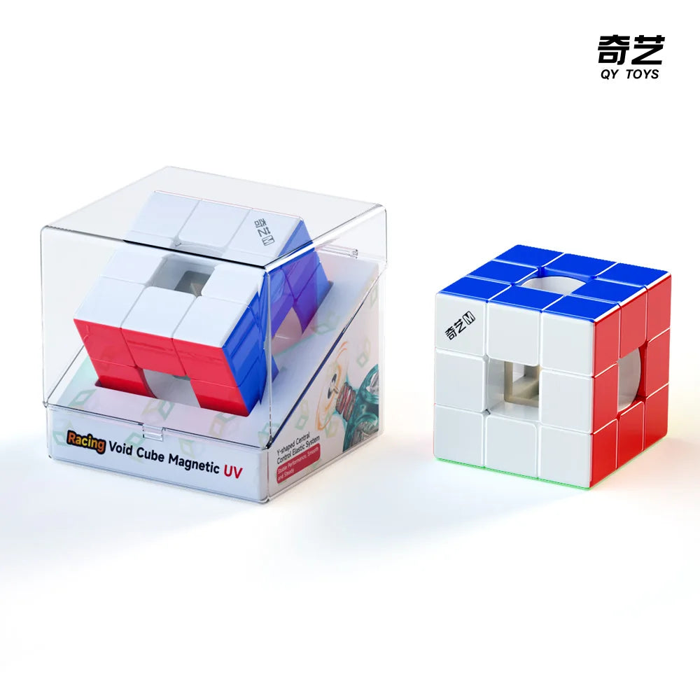 A clear plastic box containing a red and blue magnetic cube puzzle with a white base.