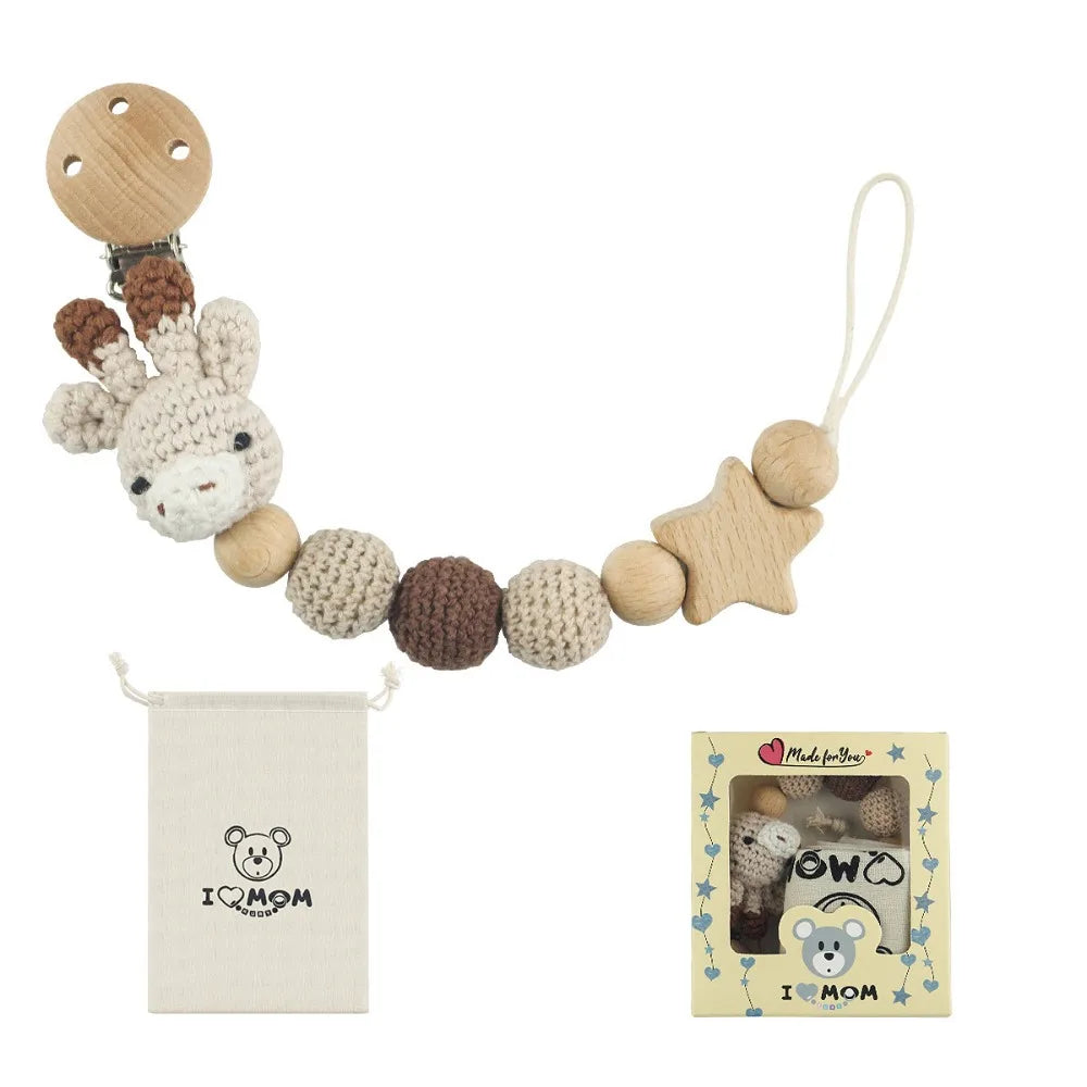 Wooden Baby Pacifier Clip with Crochet Charms