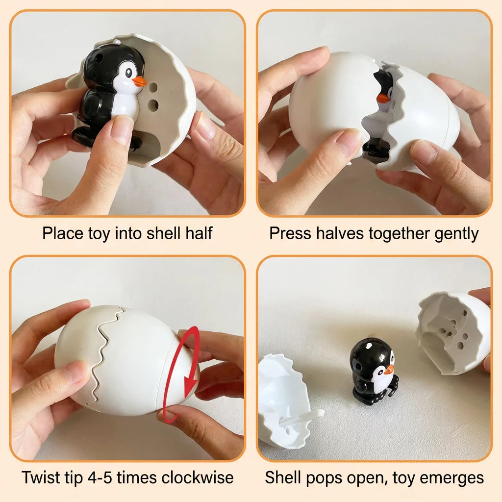Instructions show how to pop open a shell to reveal a toy chick inside