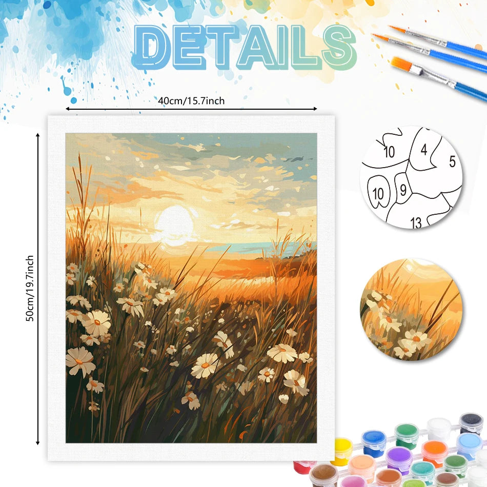 A detailed painting of a golden sunset over a field of wildflowers, presented as a paint by numbers kit.