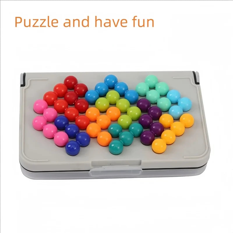 A tray of colorful plastic beads arranged in a pyramid shape, used for a puzzle and fun.