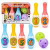 A set of soft foam bowling pins featuring numbers and animal designs, including pins numbered 3, 1, 2, 4, 5, and 6.