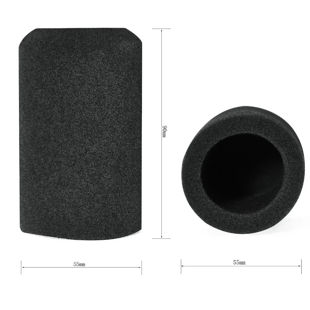 Black flocked foam microphone windscreen cover with dimensions 55mm by 55mm and 90mm thick.