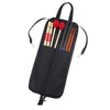 Black water-resistant drumstick carrier bag with a handle and various drumsticks inside