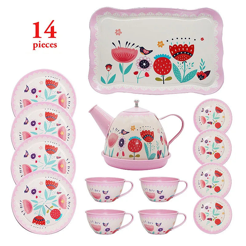 A pink and white metal pretend play tea set featuring a serving platter, cups, and teapot for children.