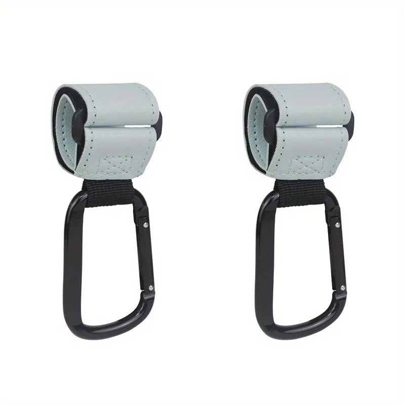 A pair of heavy-duty stroller hooks for hands-free organization, featuring light gray and black components.