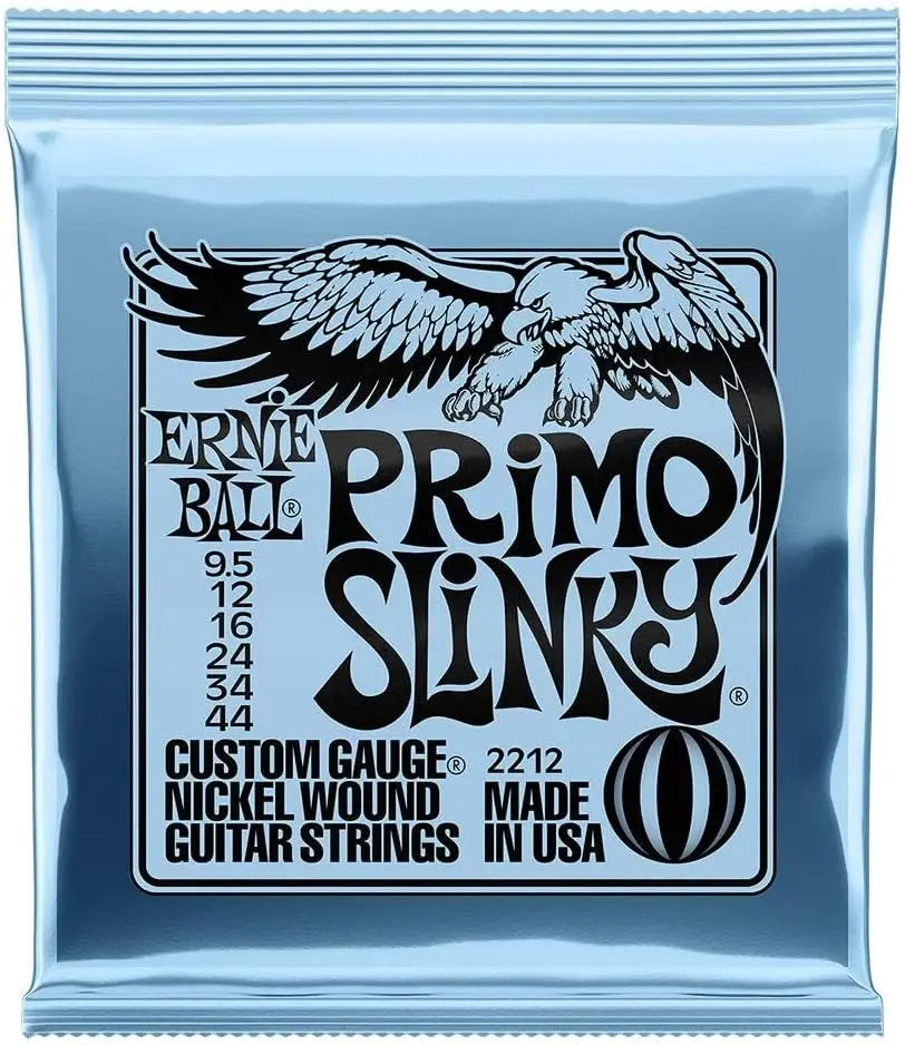 A package of Ernie Ball Primo Slinky nickel wound electric guitar strings featuring an eagle graphic.