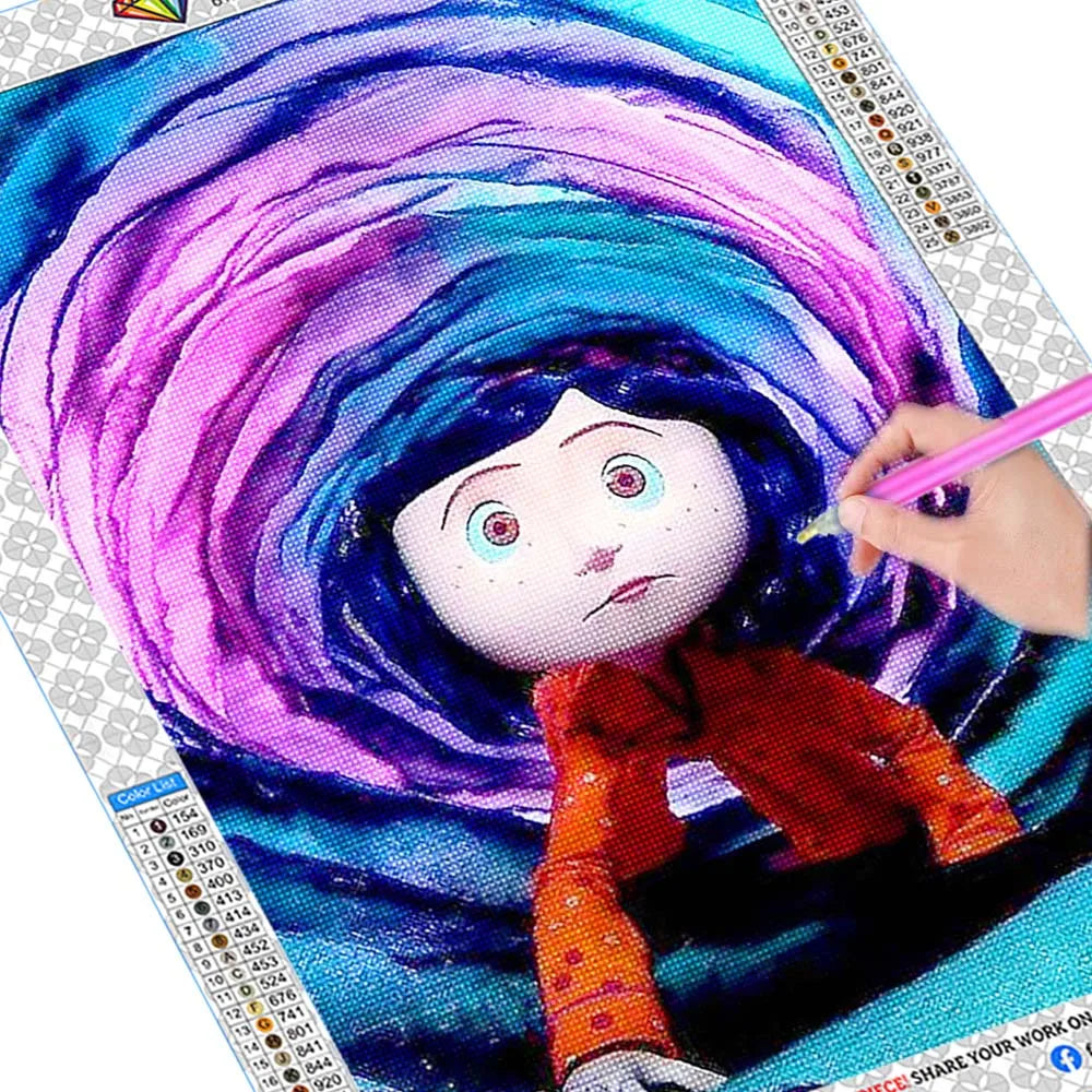 A diamond painting kit featuring a colorful illustration of a girl with purple hair and an orange shirt.