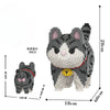 A model of a black and white cat built from mini bricks, shown from the back and front.