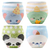 Four packs of reusable cotton potty training pants featuring cute animal designs like a blue elephant, yellow hedgehog, and p
