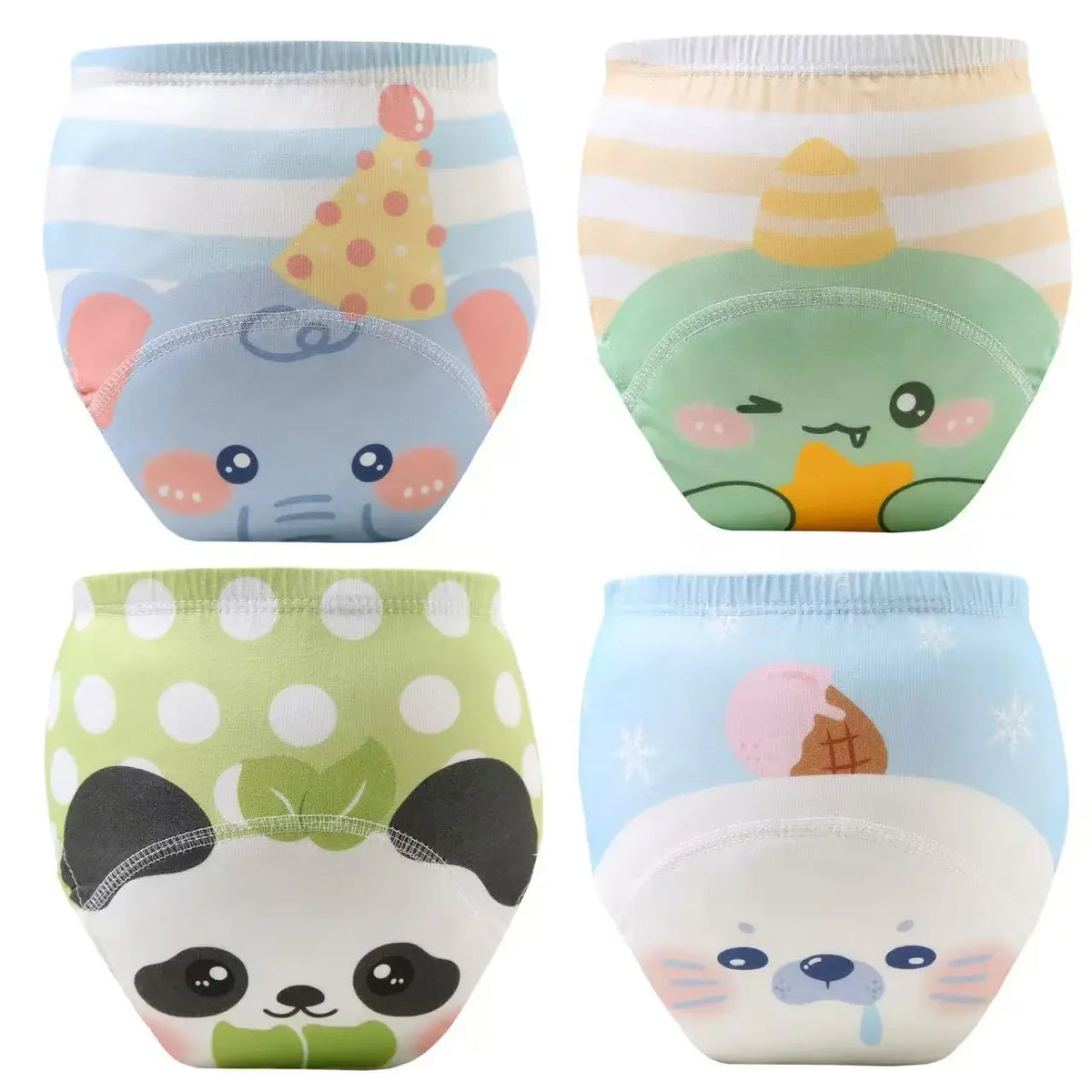 Four packs of reusable cotton potty training pants featuring cute animal designs like a blue elephant, yellow hedgehog, and p