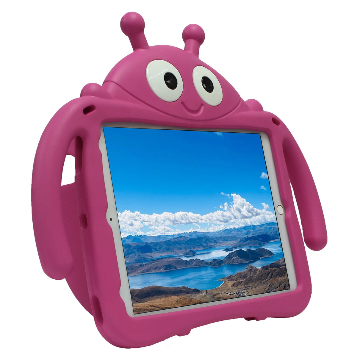 A pink playful cartoon EVA shockproof case for an iPad displaying a scenic landscape.